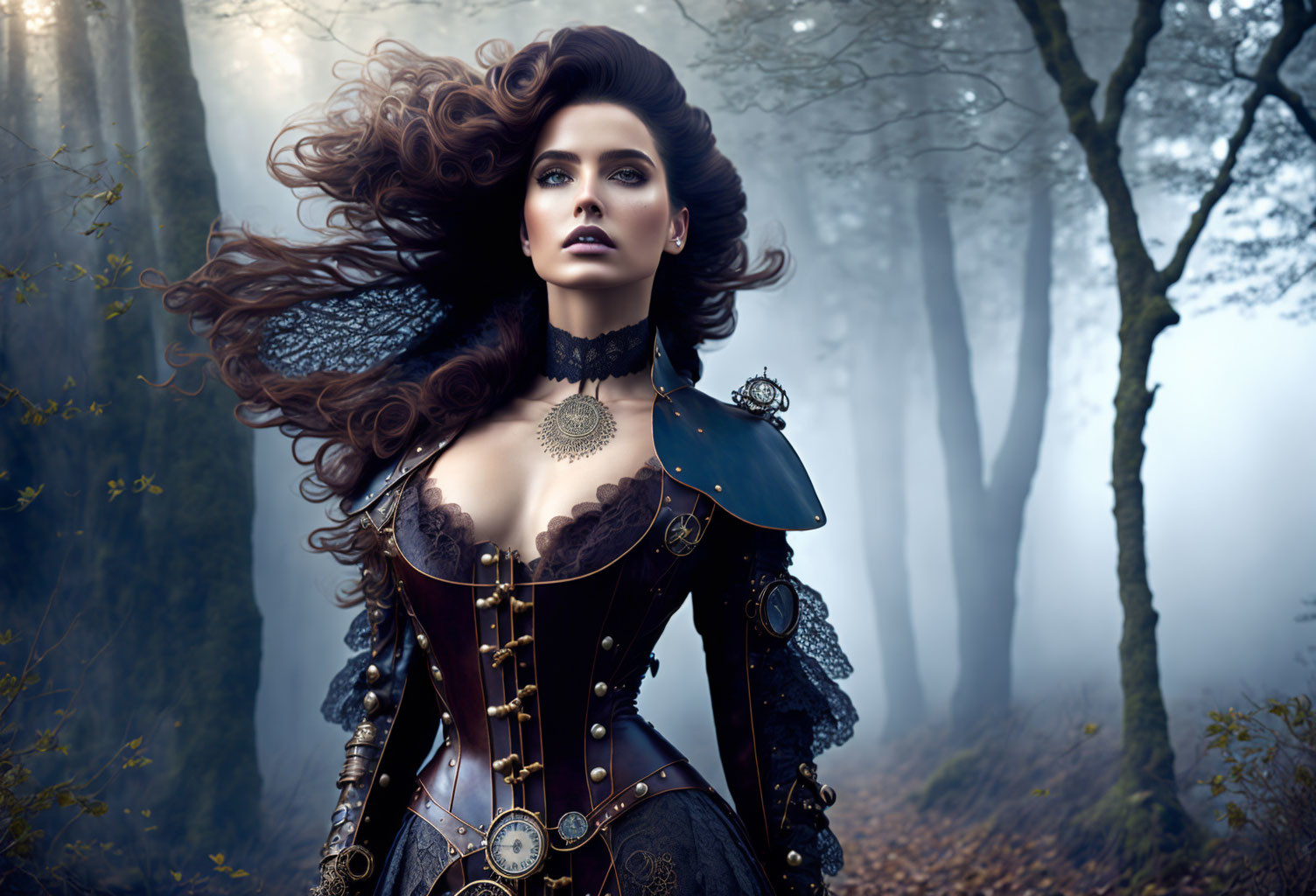 Victorian-inspired woman in detailed outfit in mystical forest