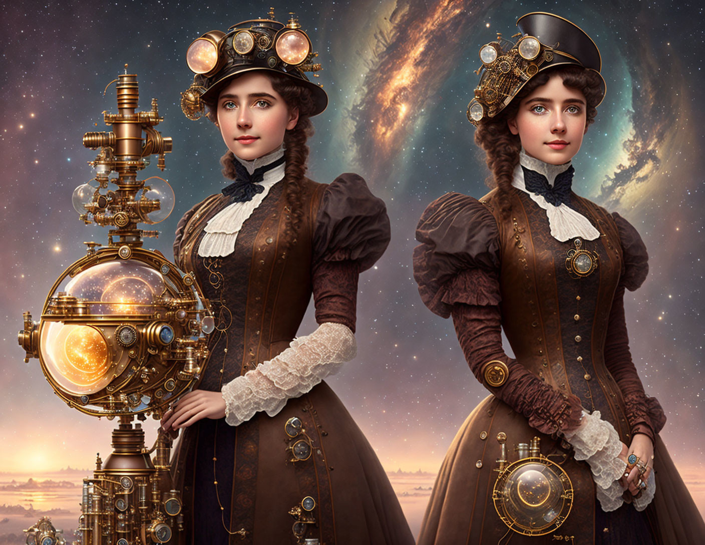 Victorian woman with brass telescope in steampunk setting