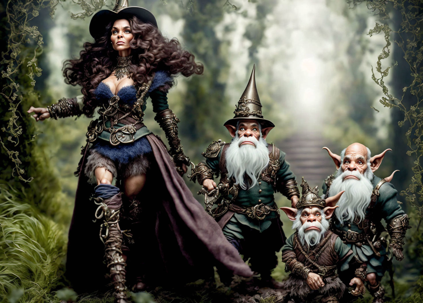 Fantasy-themed image: Majestic woman with gnome-like characters in enchanted forest