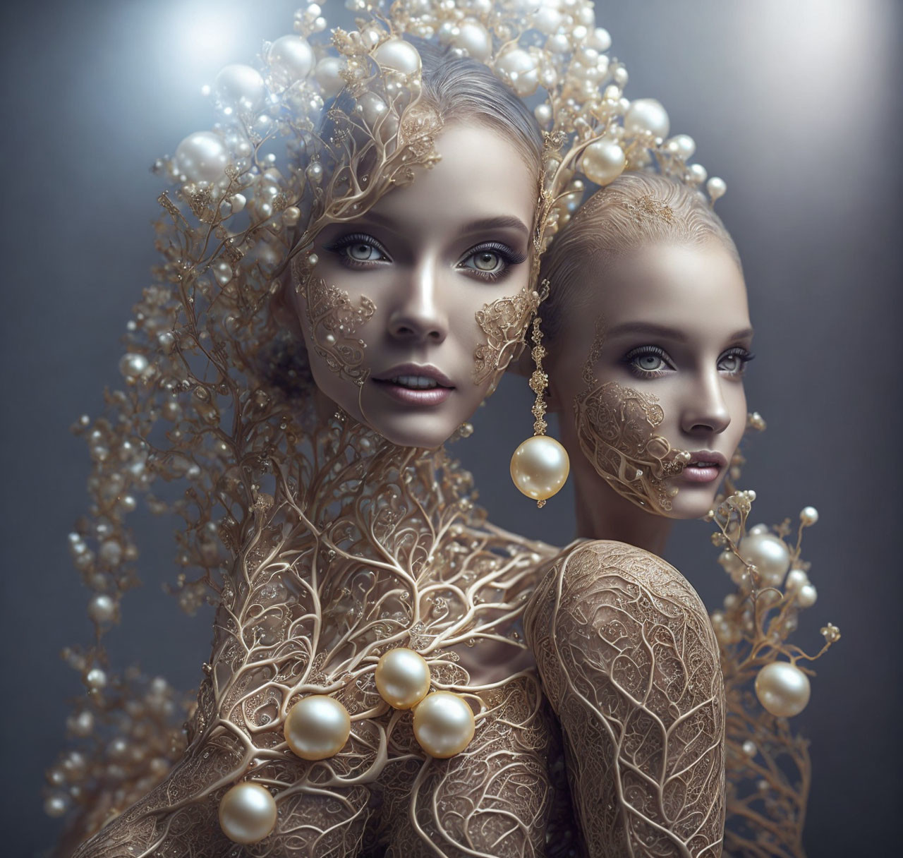 Ethereal women with pearl and golden headdresses in intricate lace patterns