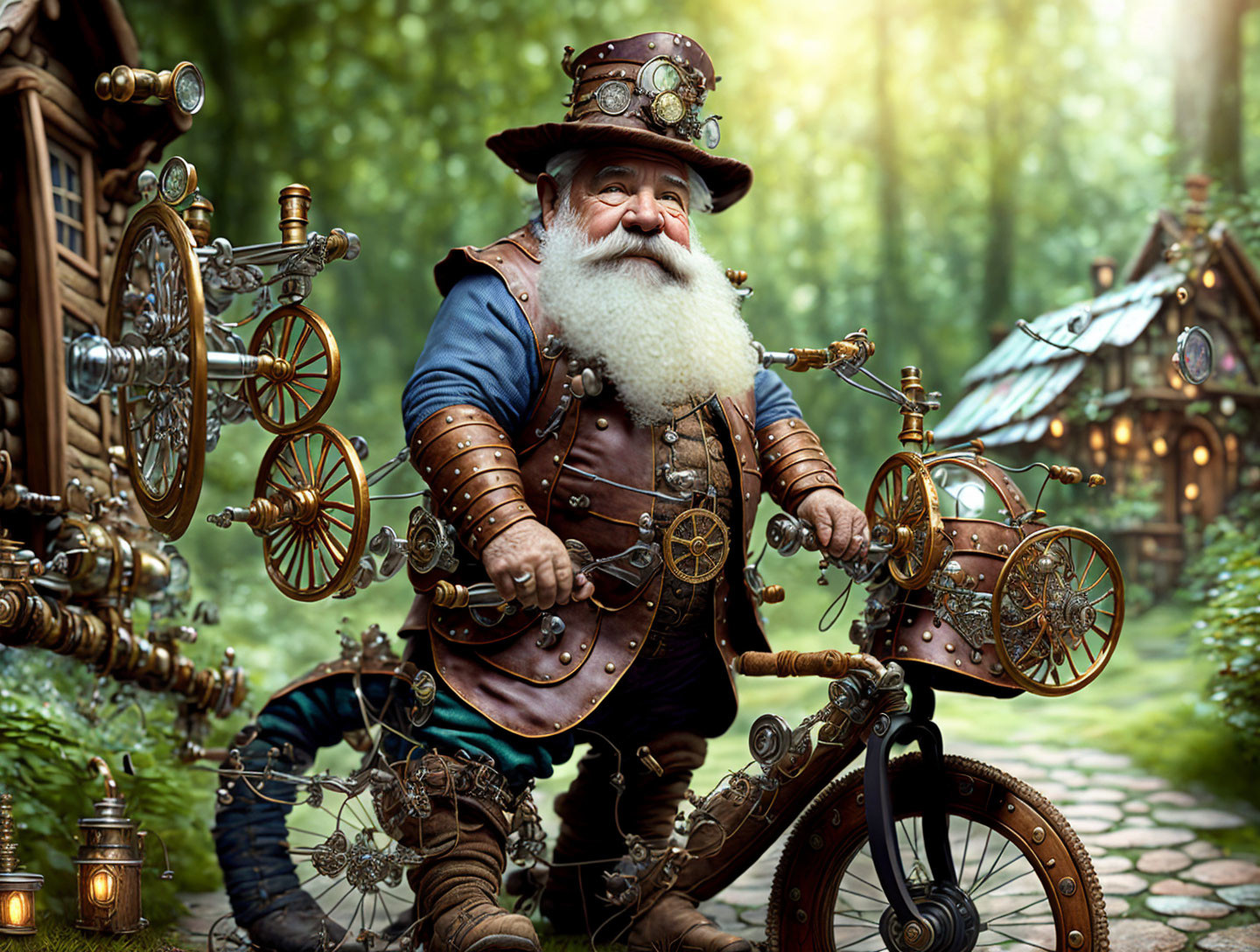 Elderly man in steampunk attire next to bicycle in whimsical forest