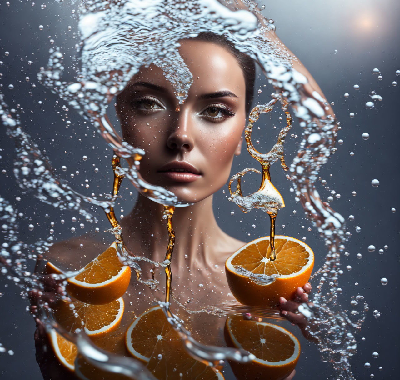 Woman's face in splashing water with sliced oranges and spiraling peel