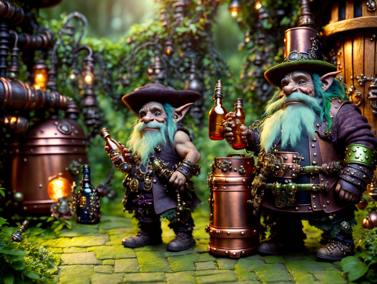 Fantasy gnomes with steampunk gadgets in enchanted forest