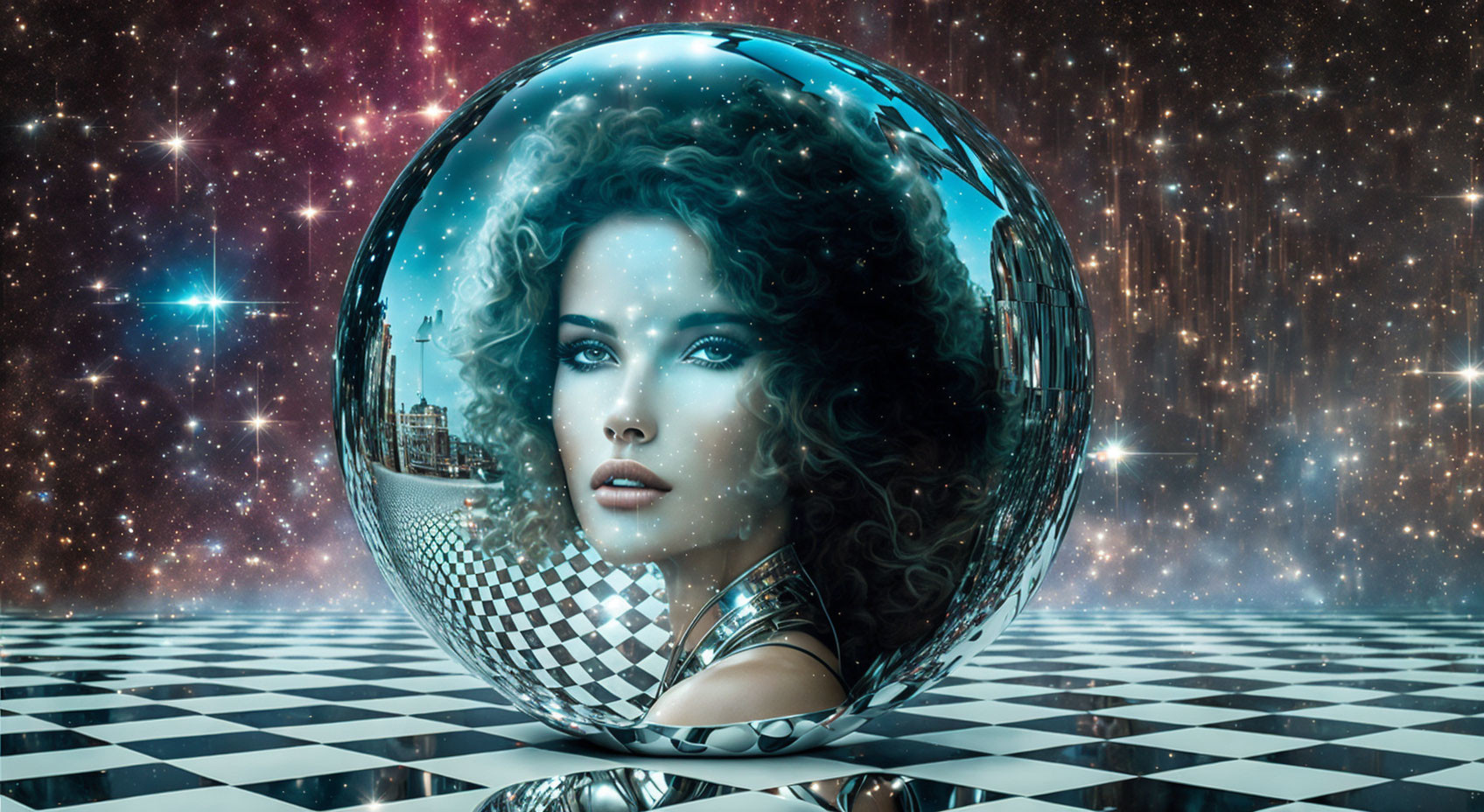 Surreal image: Woman's face in reflective bubble, cosmic backdrop.