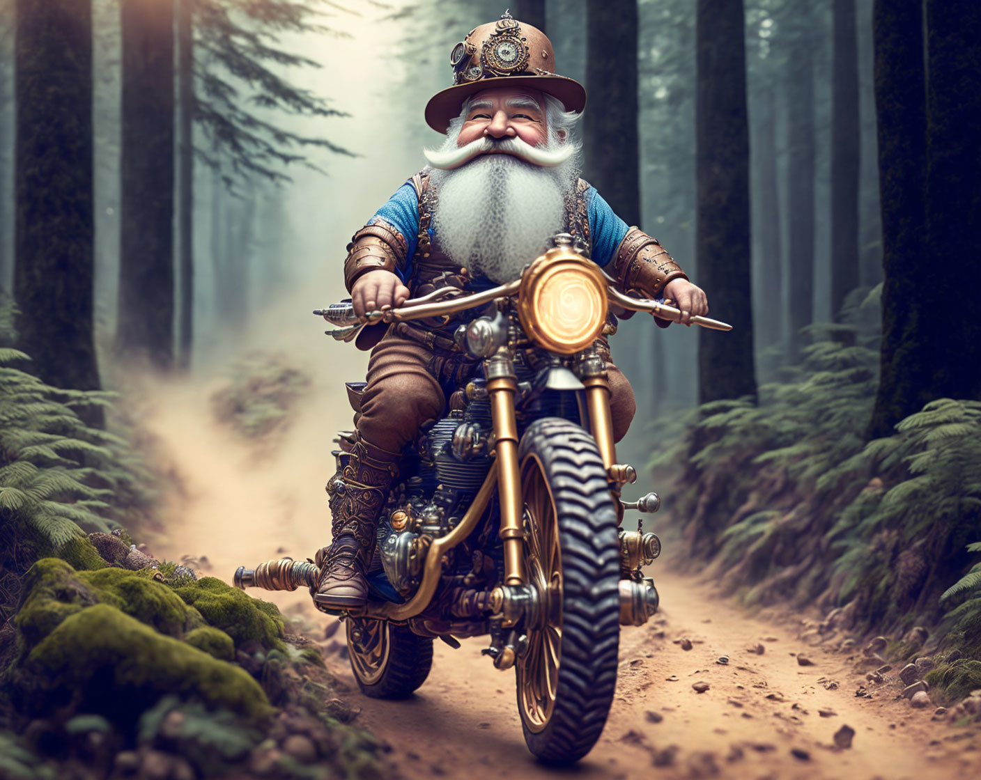 Fantasy dwarf on motorcycle in mystical forest landscape