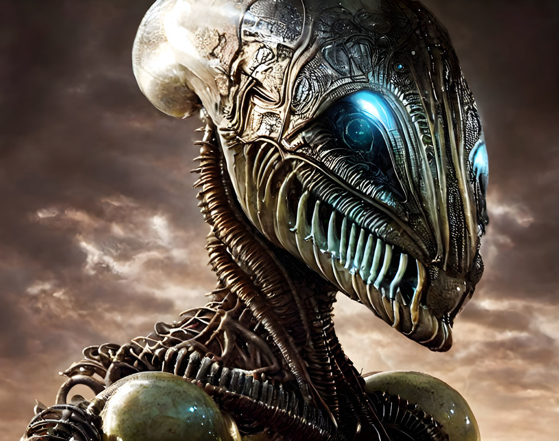 Detailed metallic alien creature with glowing eyes and sharp teeth in cloudy sky