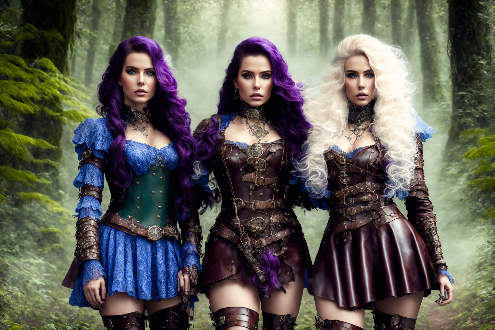 Three women in vibrant medieval fantasy costumes in misty forest.