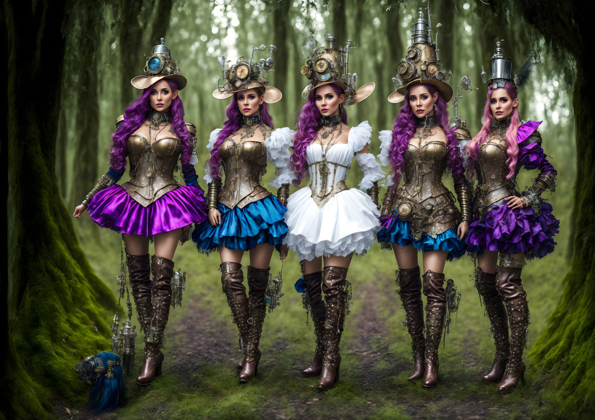 Five Women in Elaborate Steampunk Attire Standing in Forest