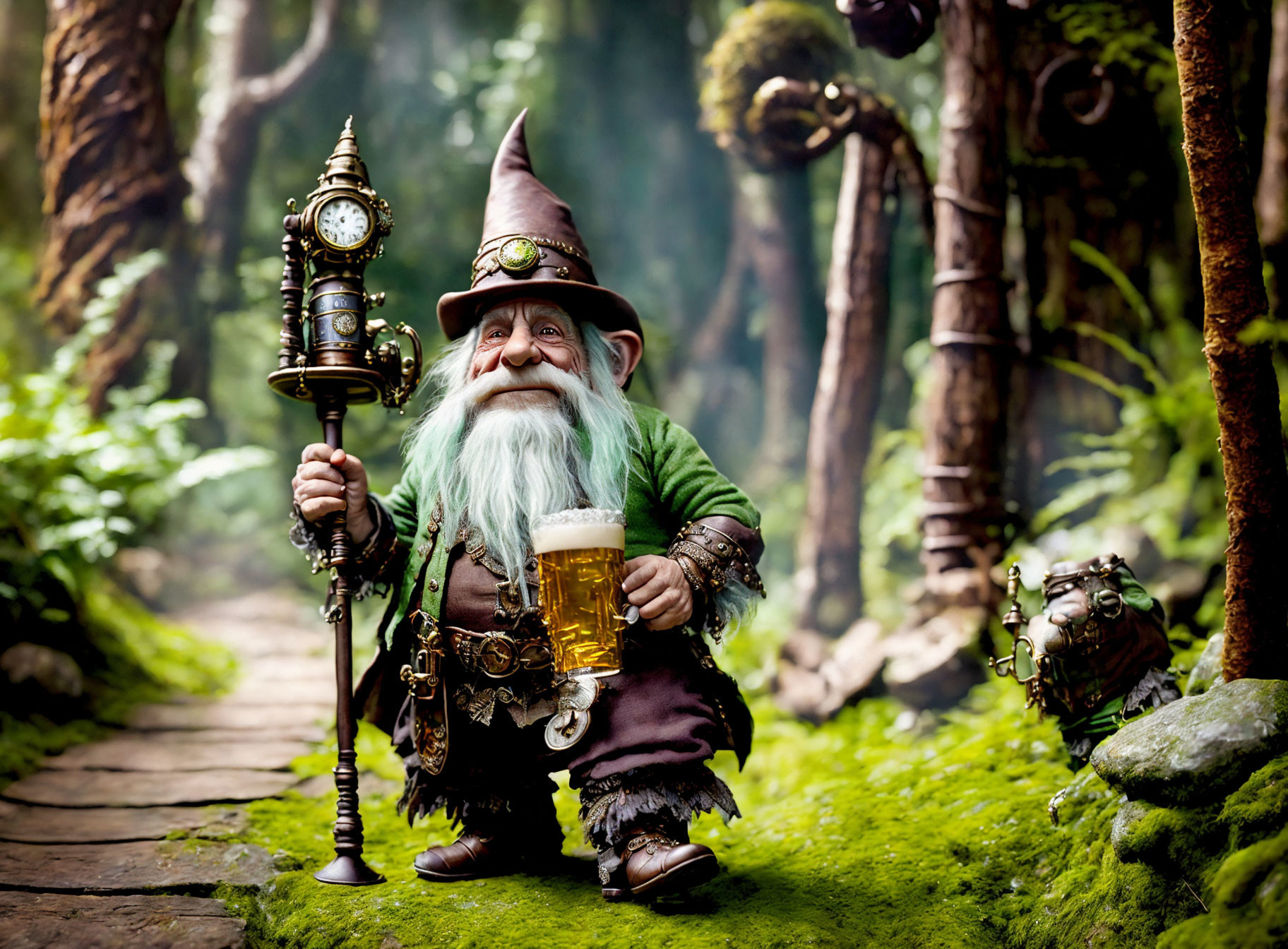 Whimsical gnome with beer and clock in enchanting forest