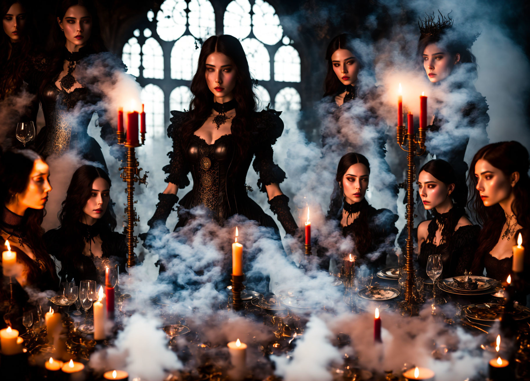 Woman in gothic outfit surrounded by candles and smoke reflections