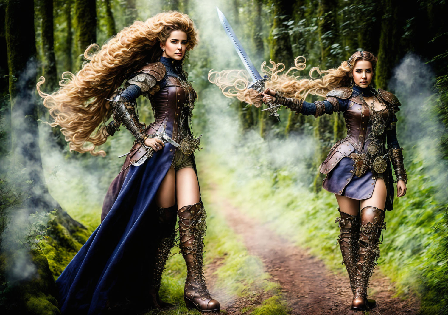 Two women in medieval armor with flowing hair brandishing swords in a forest.