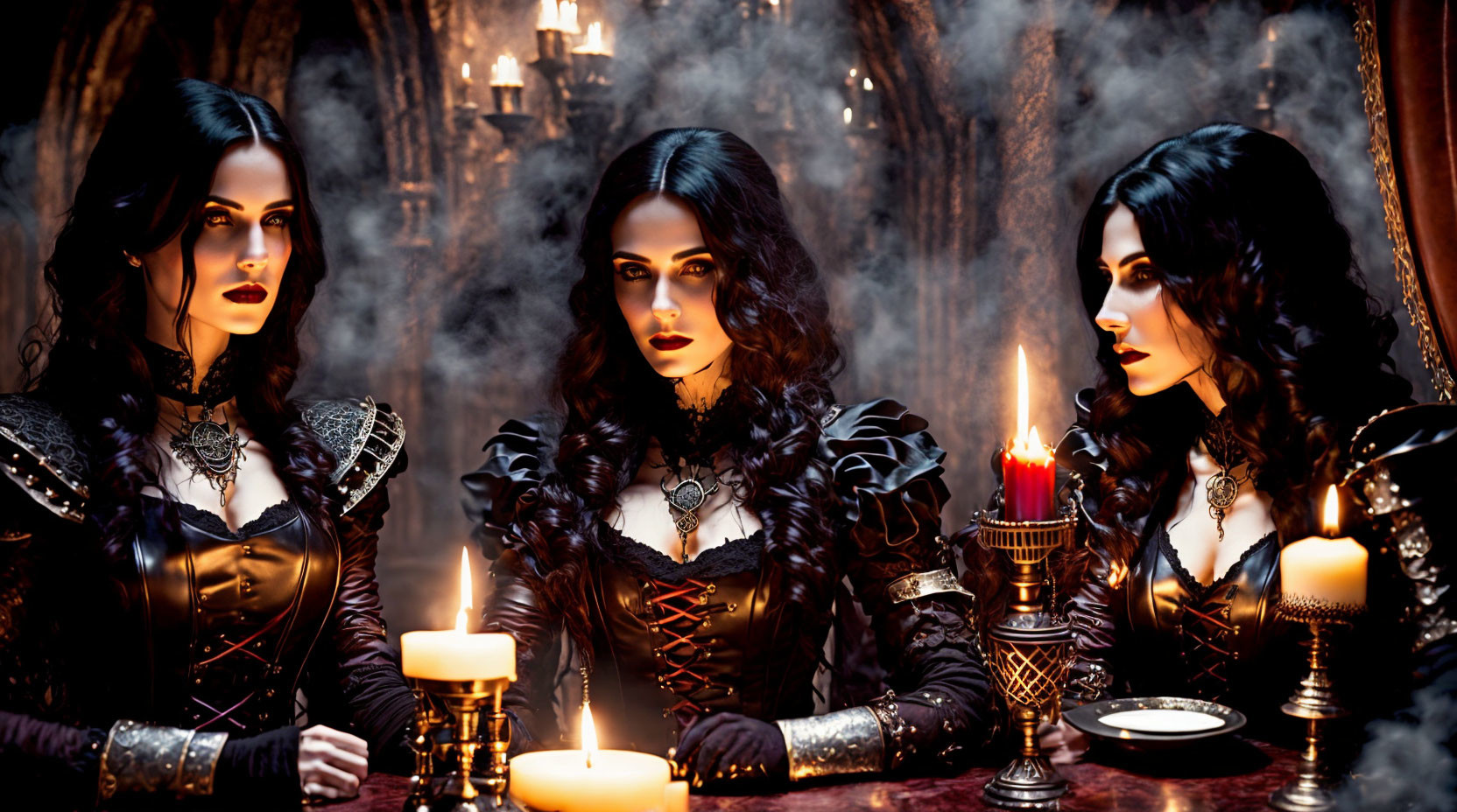 Three women in ornate gothic attire surrounded by candles and fog.