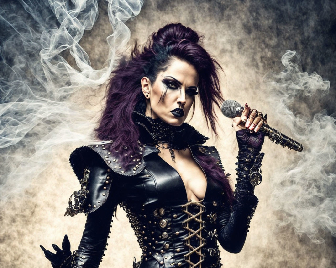 Woman with Purple Hair and Gothic Makeup Holding Microphone in Dark Outfit