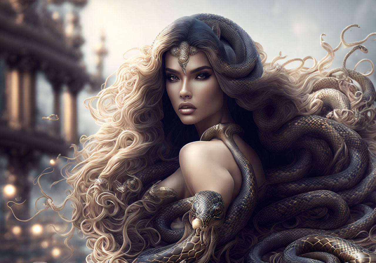 Fantasy digital art: Woman with curly hair and serpents in Medusa-like style.