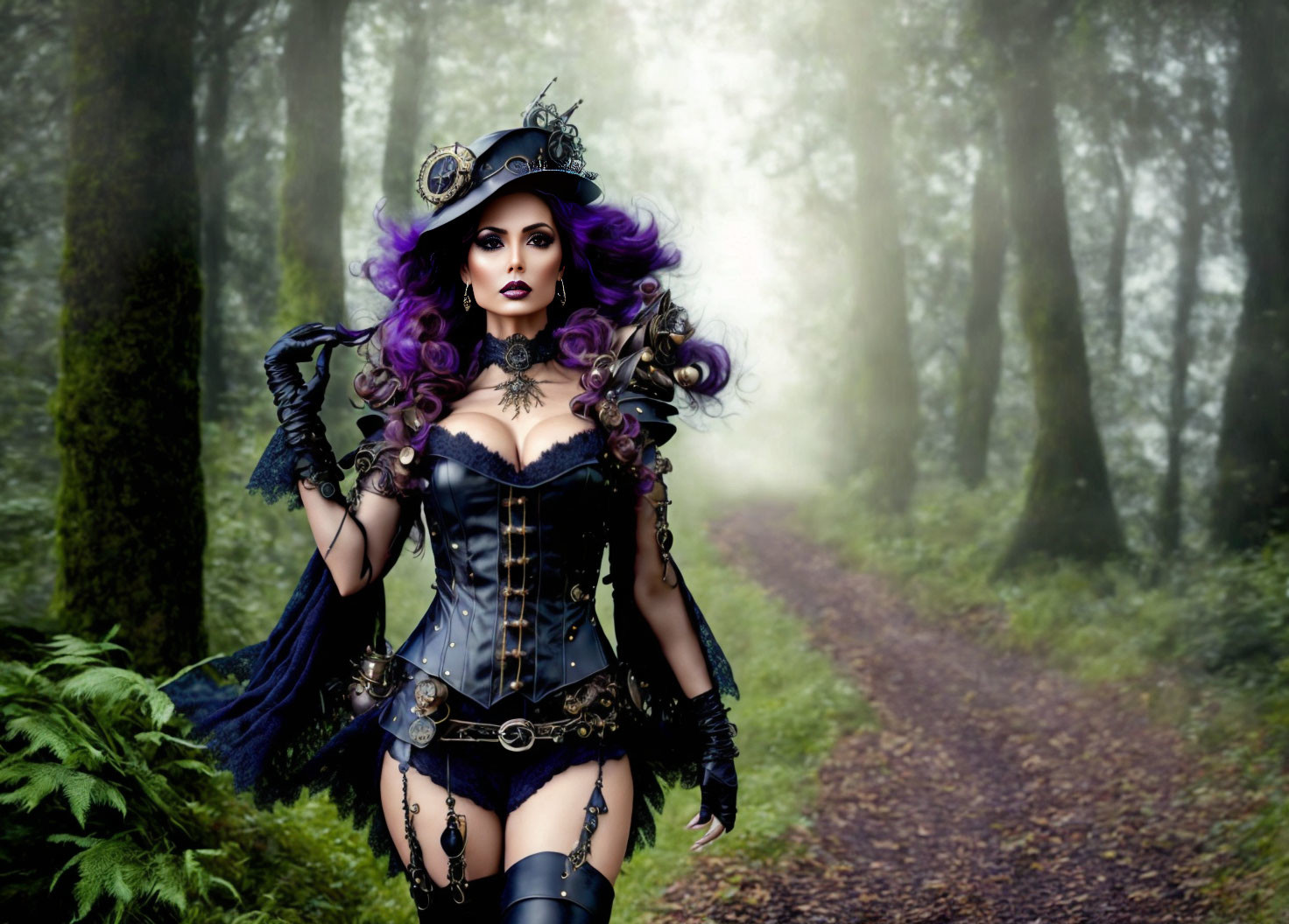 Steampunk-inspired woman with purple hair in misty forest setting