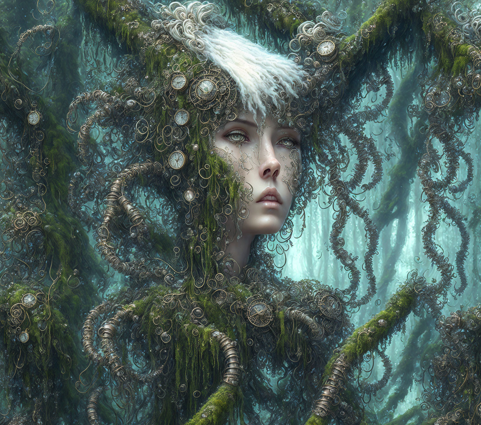 Fantastical portrait of woman with white hair, green tentacles, gold accents, teal background