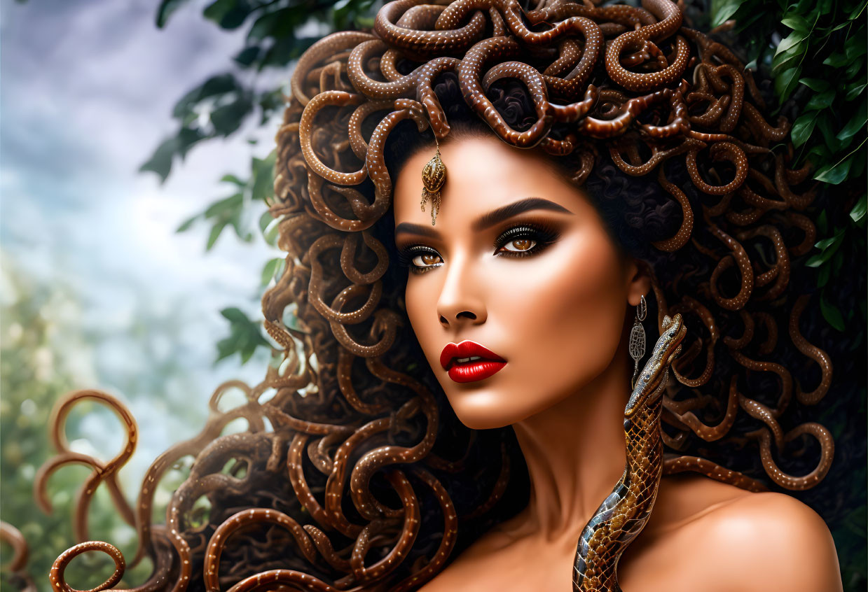 Digital artwork of woman with Medusa-like appearance and serpent hair against natural backdrop