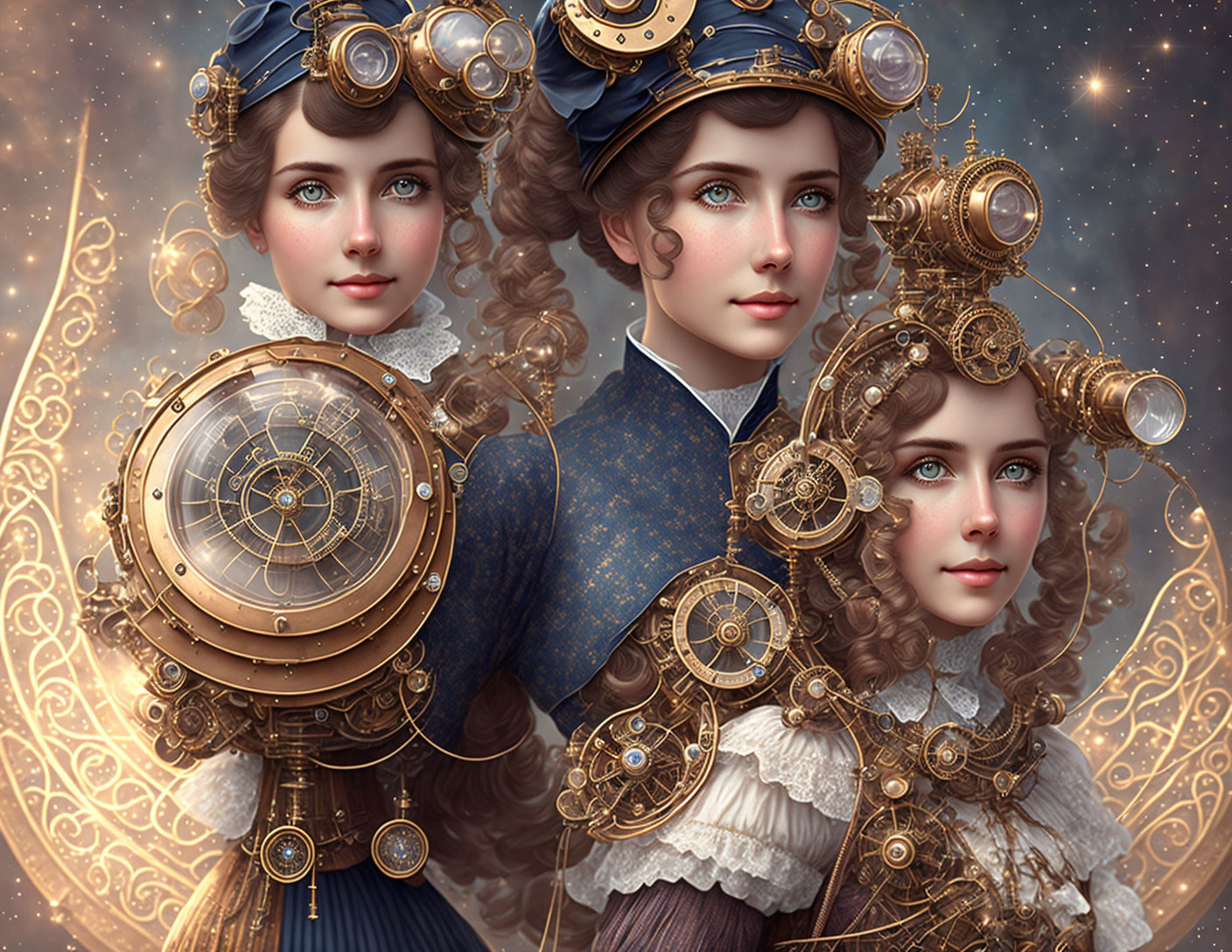 Three women in steampunk attire with gear accessories against a celestial backdrop.