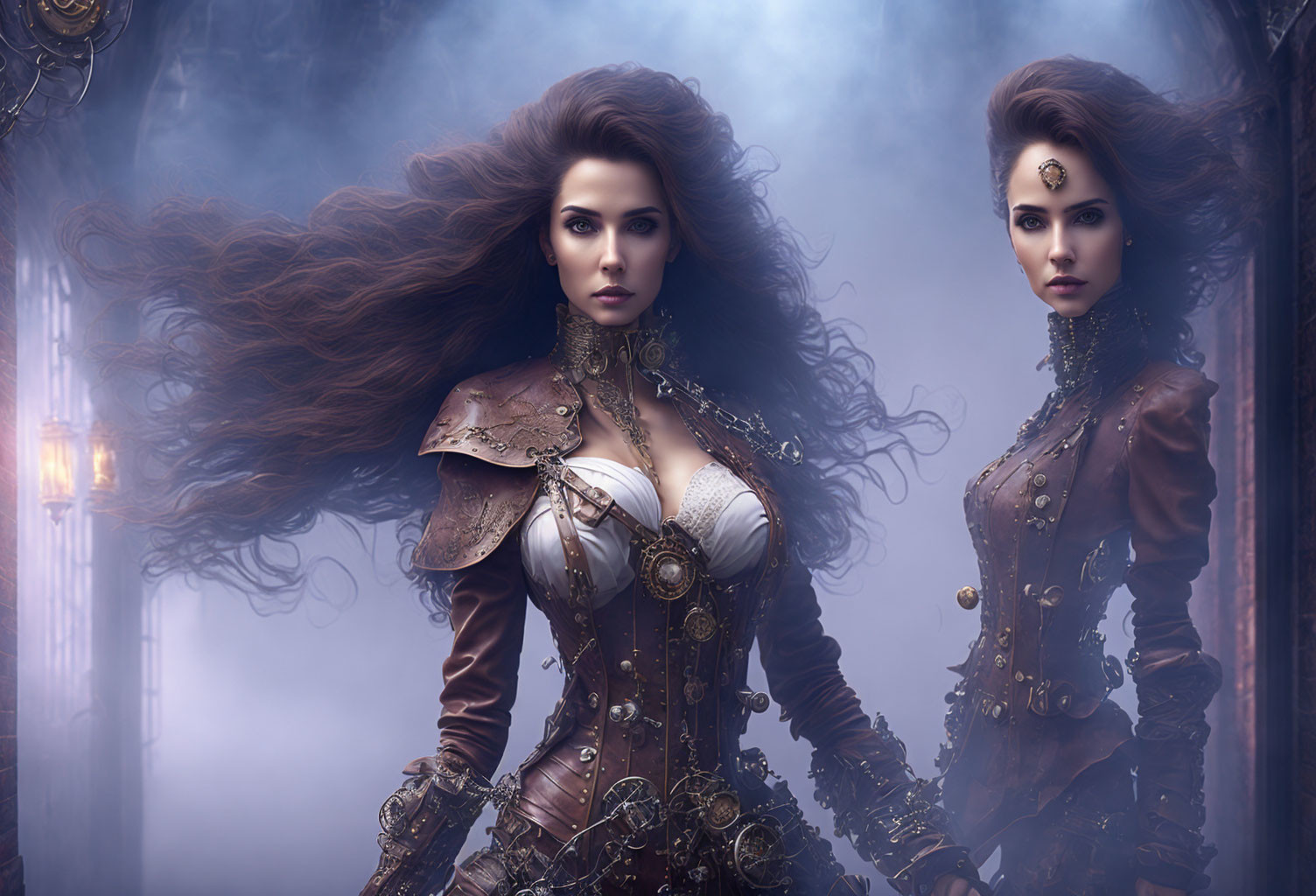 Two women in steampunk attire with flowing hair in misty setting