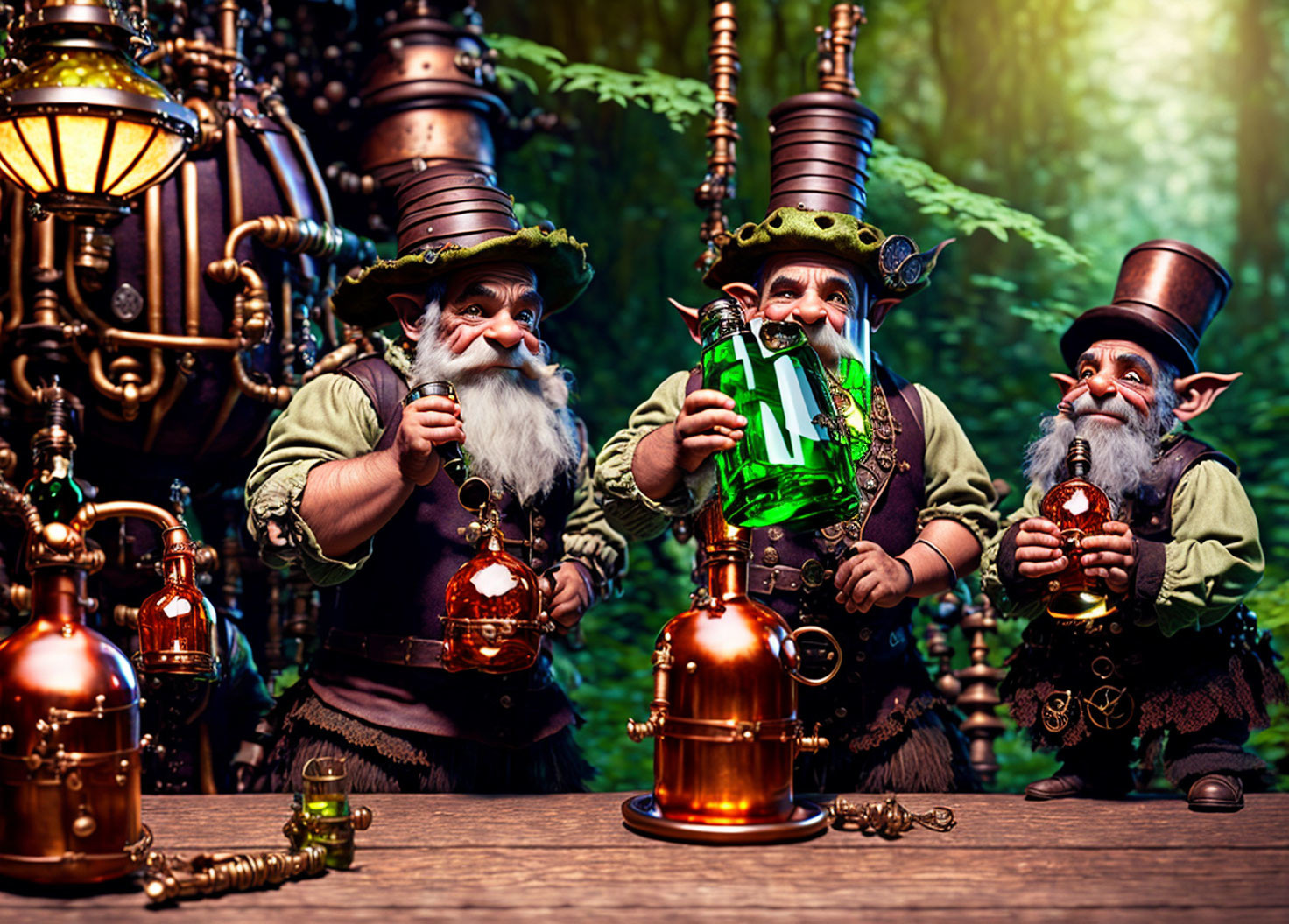 Whimsical steampunk gnomes with potion bottles in forest machinery