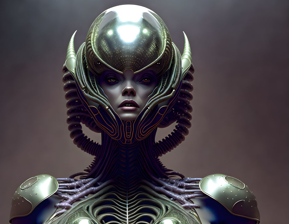 Elaborate futuristic female figure in alien-like suit with ornate details