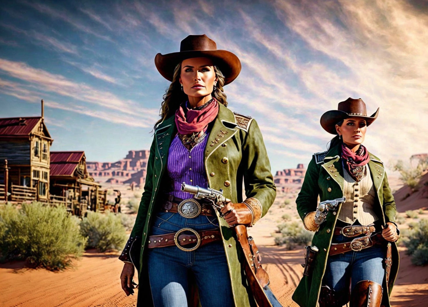 Animated female cowboys in western attire in desert setting with old wooden buildings