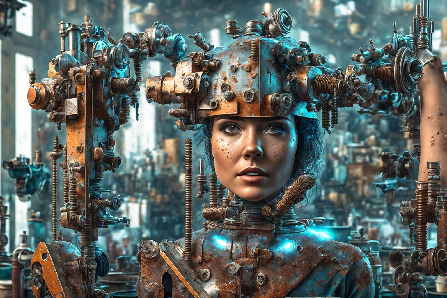 Steampunk-style digital art of woman with mechanical body and intricate machinery