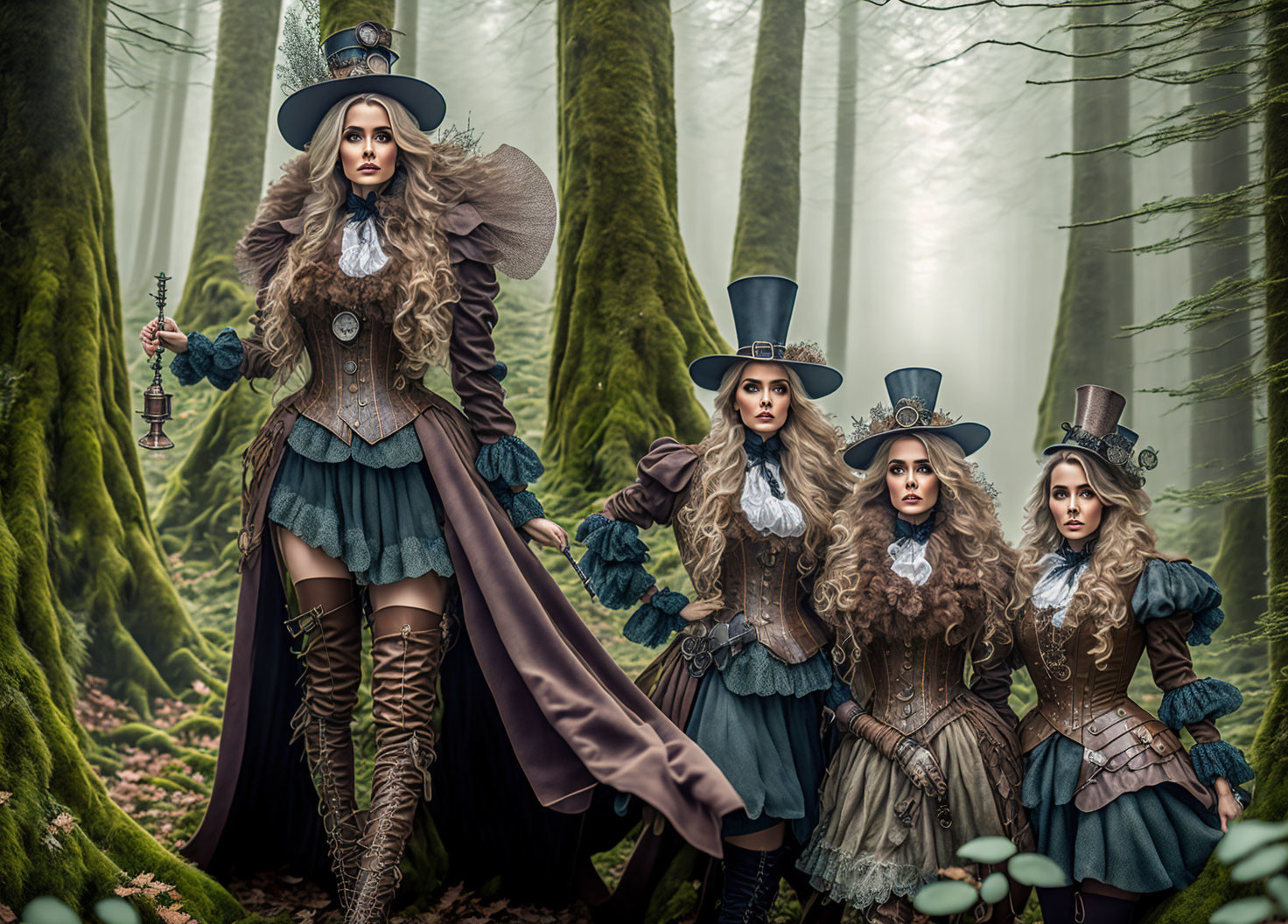 Four Women in Steampunk Attire Posed in Misty Forest