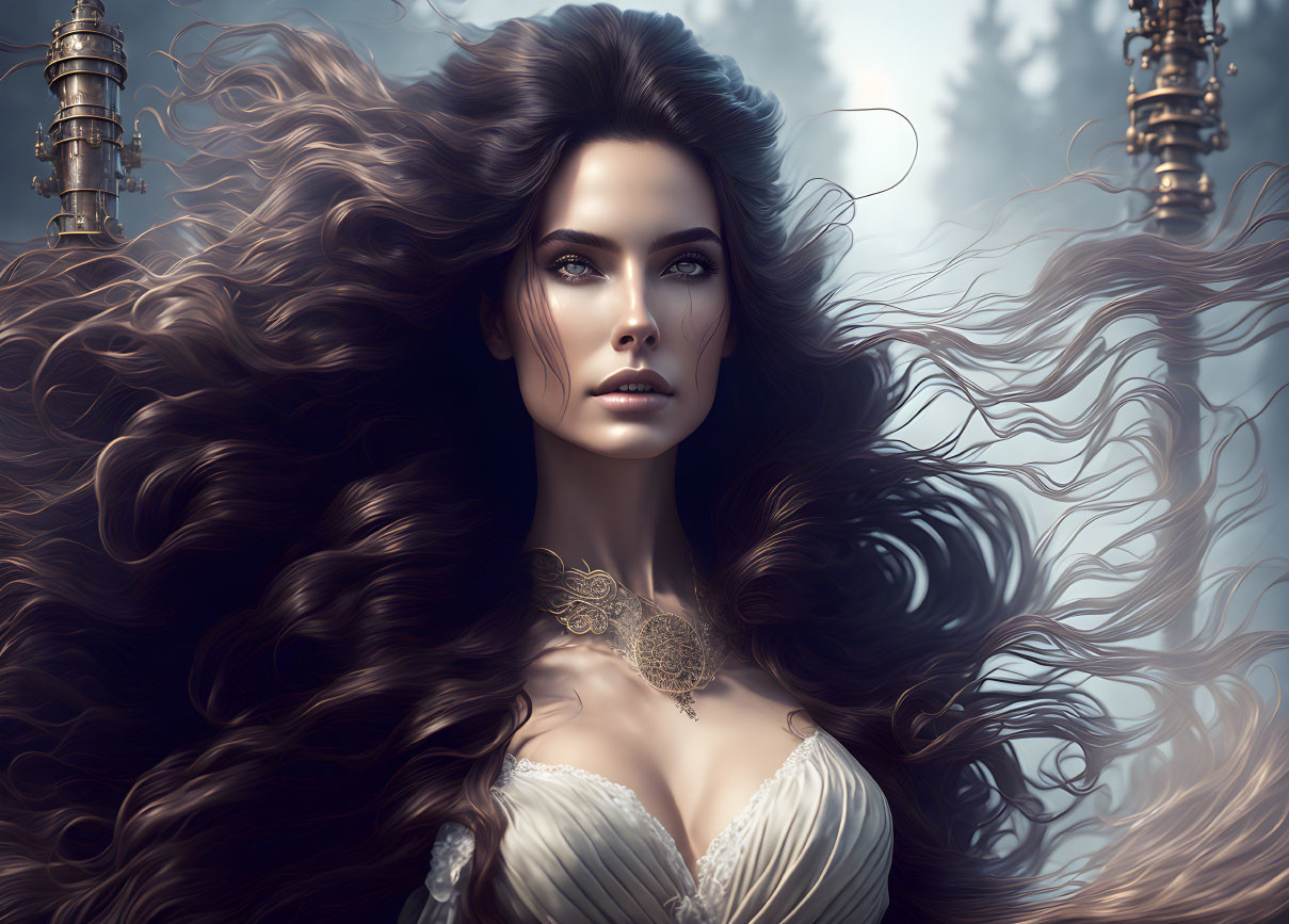 Illustrated woman with dark hair and intricate jewelry against dreamy background