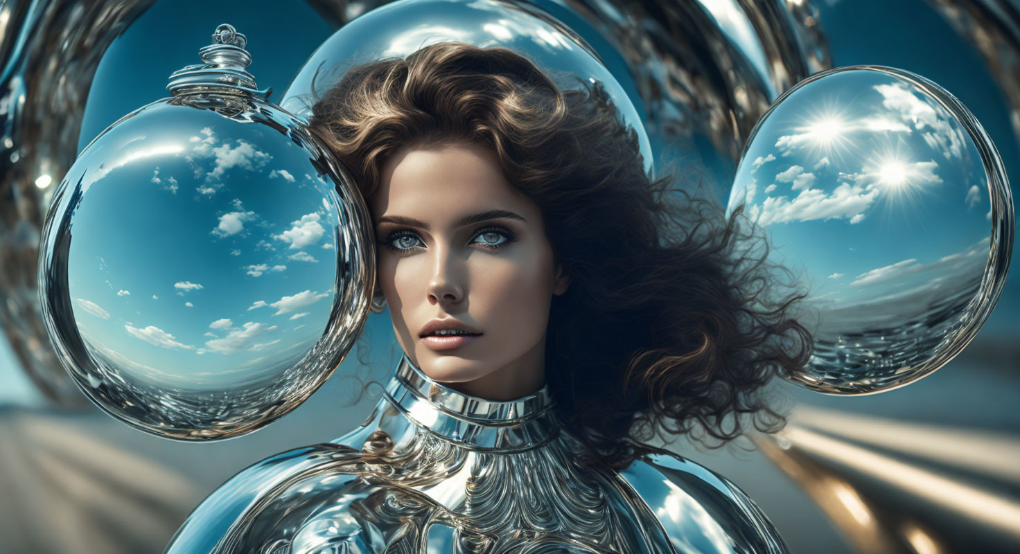 Voluminous hair woman with reflective spheres and metallic collar