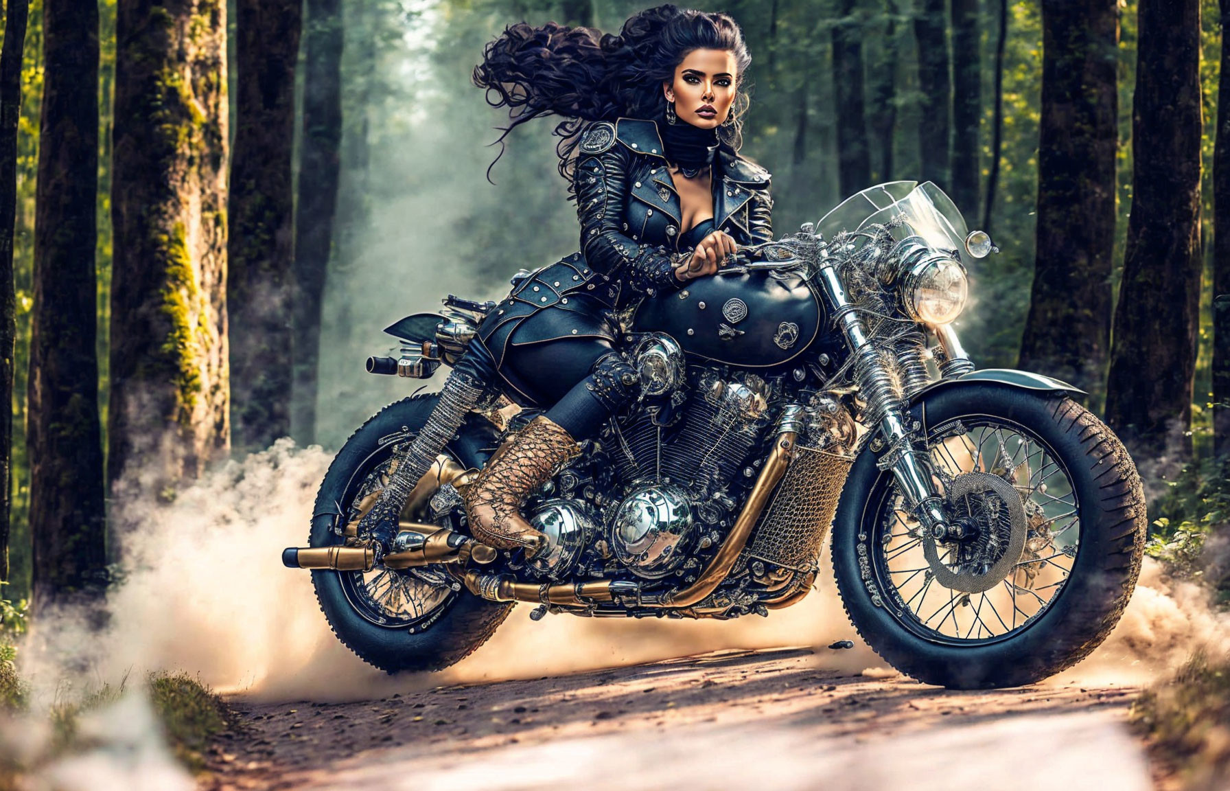 Woman in black outfit on custom motorcycle in smoky forest setting