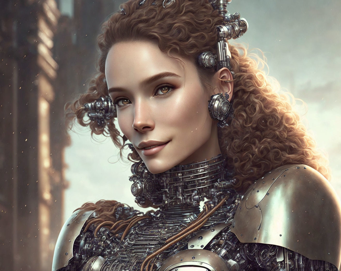 Digital artwork featuring female with curly hair in intricate mechanical armor