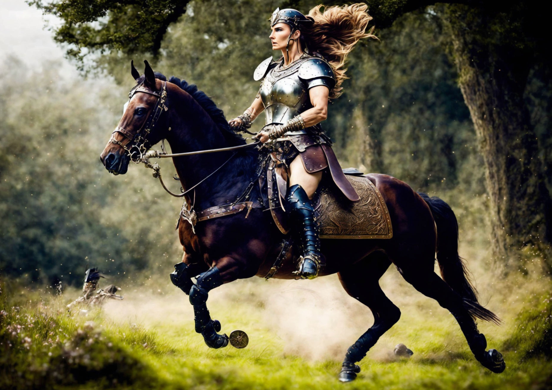 Female warrior in full armor riding horse in forest clearing.