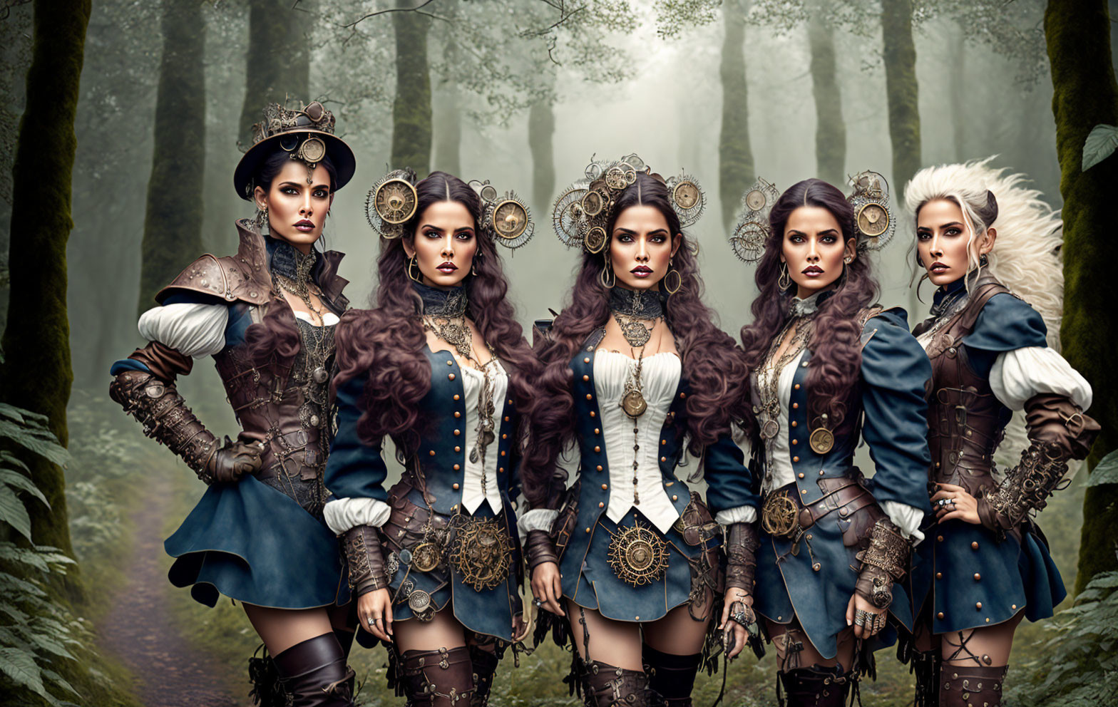 Five Women in Ornate Steampunk Costumes in Misty Forest