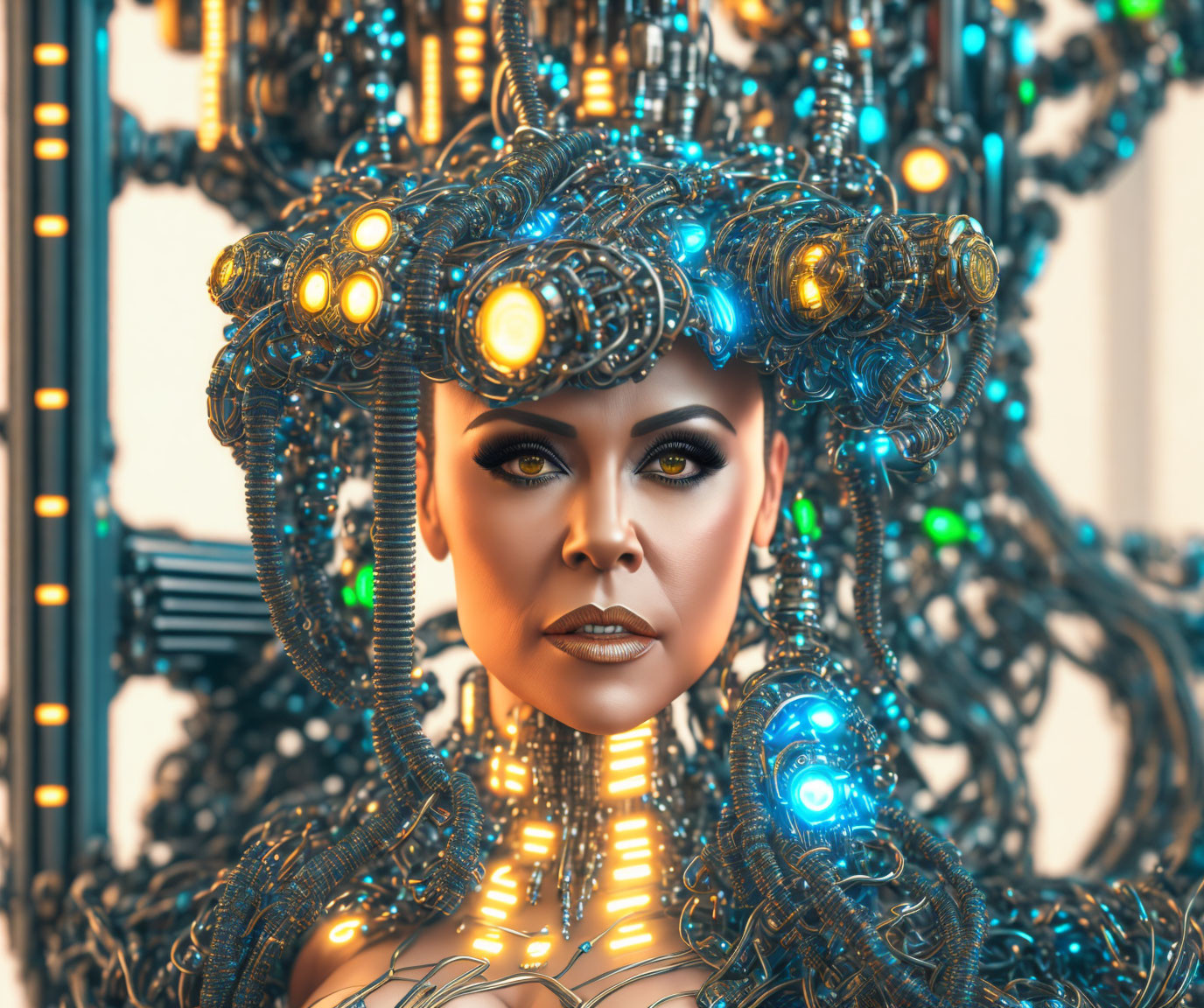 Futuristic woman with cybernetic enhancements and glowing lights in circuitry backdrop