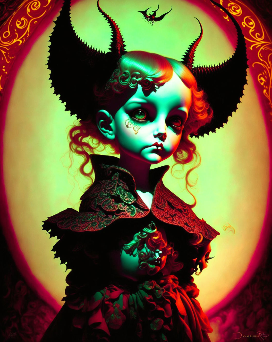 Colorful Stylized Portrait of Doll-Like Character with Curving Horns