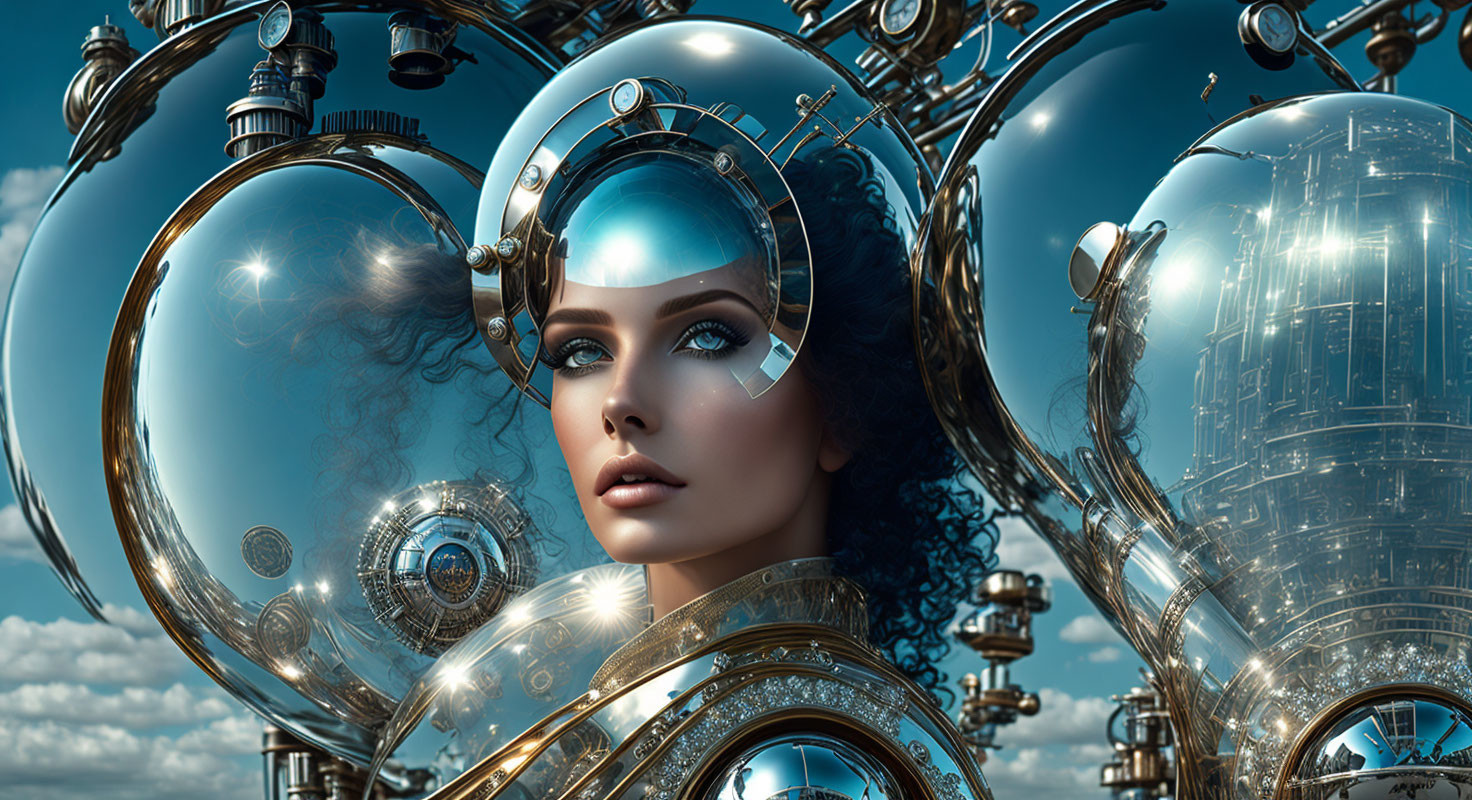 Steampunk female automaton digital art with intricate gears and glass domes