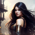 Illustrated woman with long hair and elegant garment in front of fantasy castle and moody sky