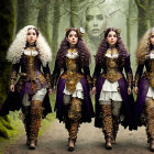 Four women in mystical forest elf costumes walking in misty woodland