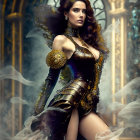 Steampunk-inspired woman in ornate outfit among fog and arches