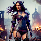 Fantasy armor-clad woman with horns in fiery ruins.