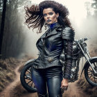 Woman in black leather outfit posing next to motorcycle in misty forest