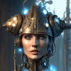 Steampunk-styled female robot with glowing blue eyes and intricate mechanical details in a workshop.