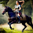 Female warrior in full armor riding horse in forest clearing.