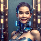 Smiling female android with cybernetic enhancements in sci-fi setting