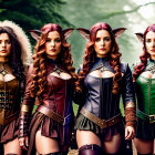 Four women in fantasy elf costumes in misty forest