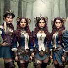 Five Women in Ornate Steampunk Costumes in Misty Forest