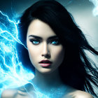 Portrait of woman with blue eyes, dark hair, and lightning bolts