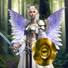 Fantasy warrior with white wings, ornate armor, and sword in misty forest