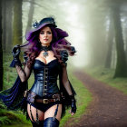 Steampunk-inspired woman with purple hair in misty forest setting